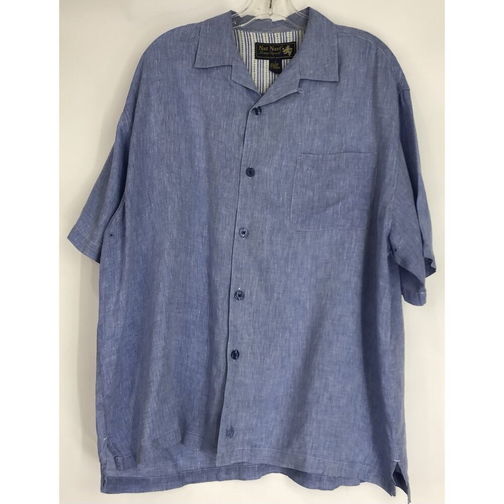 NAT NAST Shirt Mens Size Large L Blue Short Sleeve Linen Button Down